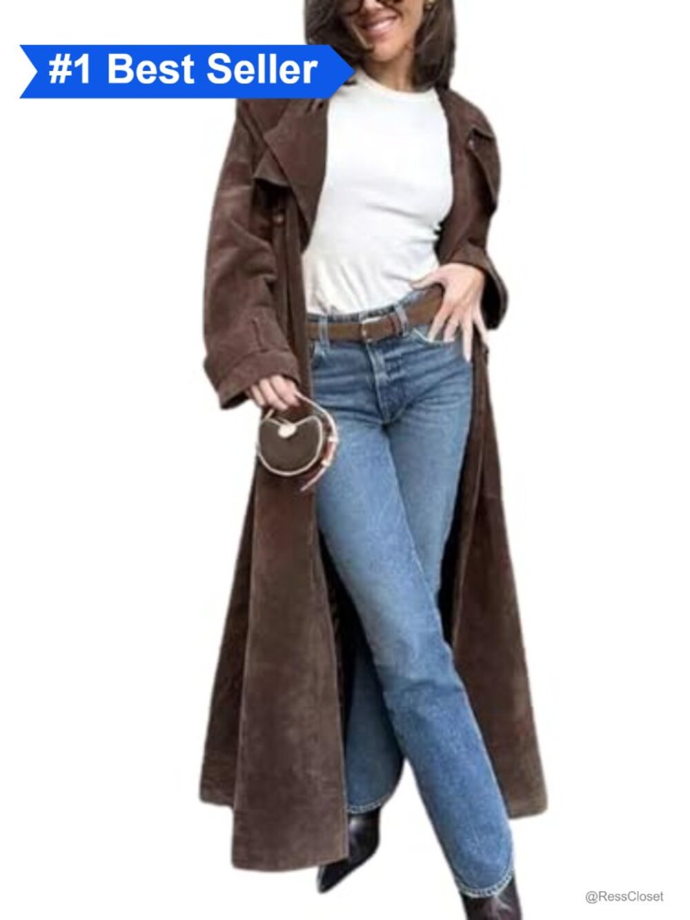 Faux Suede Long Trench Coat Notched Lapel Double Breasted Pea Coat Belted